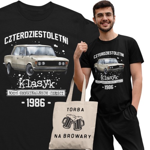 Koszulka prezent na 40 urodziny 1986 Klasyk PRL Fiat 125p torba gratis  