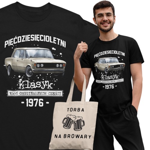 Koszulka prezent na 50 urodziny 1976 Klasyk PRL Fiat 125p torba gratis    1