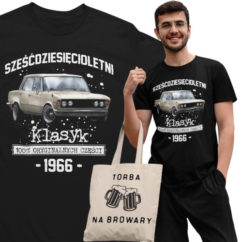 Koszulka prezent na 60 urodziny 1966 Klasyk PRL Fiat 125p torba gratis   