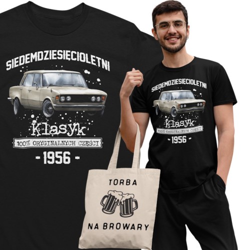 Koszulka prezent na 70 urodziny 1956 Klasyk PRL Fiat 125p torba gratis   1