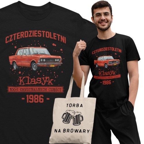 Koszulka prezent na 40 urodziny 1986 Klasyk PRL Fiat 125p torba gratis   1