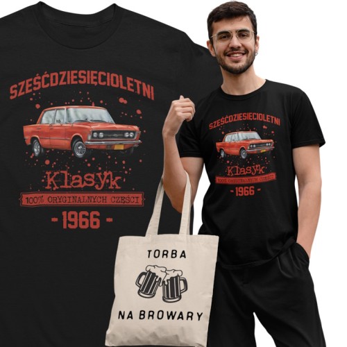 Koszulka prezent na 60 urodziny 1966 Klasyk PRL Fiat 125p torba gratis   1