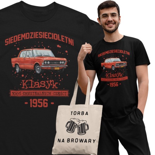 Koszulka prezent na 70 urodziny 1956 Klasyk PRL Fiat 125p torba gratis   1