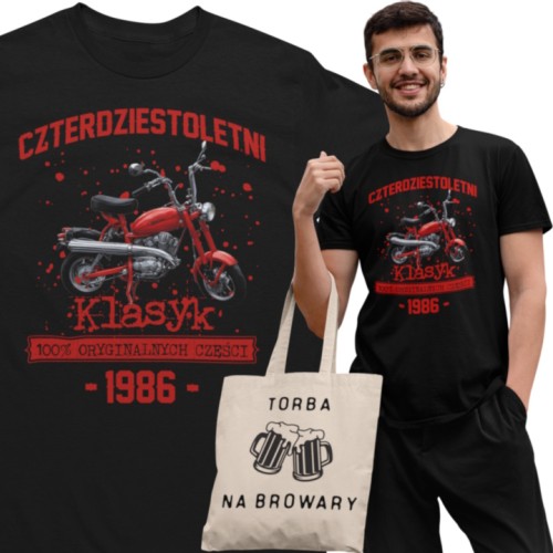 Koszulka prezent na 40 urodziny 1986 Klasyk PRL Motorynka torba graits 