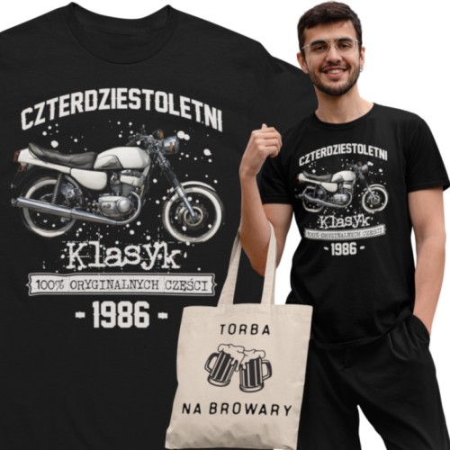 Koszulka prezent na 40 urodziny 1986 Klasyk PRL Jawa 350 torba graits  1