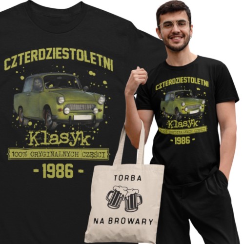 Koszulka prezent na 40 urodziny 1986 Klasyk PRL  Trabant 601 torba graits  1