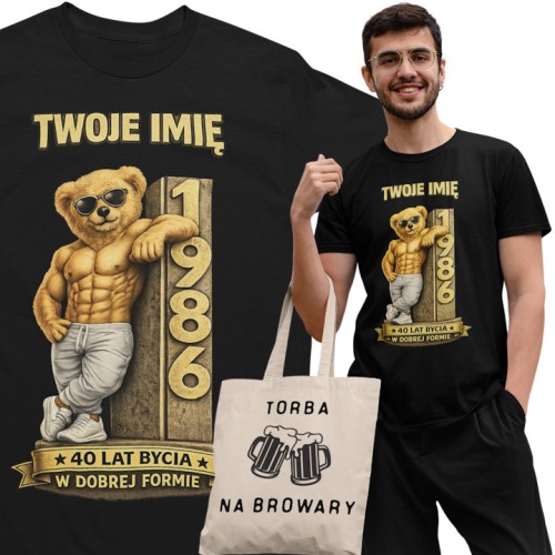 Męska Koszulka prezent na 40 Urodziny Personalizowana Twoje Imię torba gratis  1