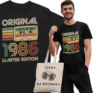 Koszulka męska na 40 urodziny Original 1986 Limited Edition retro kaseta vintage prezent torba gratis