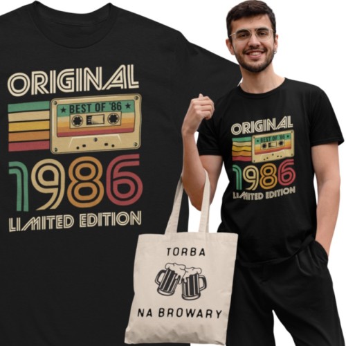 Koszulka męska na 40 urodziny Original 1986 Limited Edition retro kaseta vintage prezent torba gratis 1