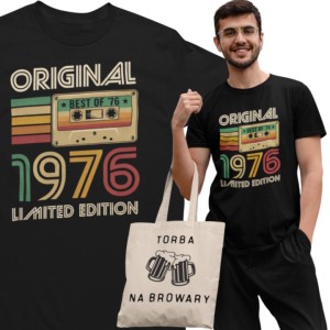 Koszulka męska na 50 urodziny Original 1976 Limited Edition retro kaseta vintage prezent torba gratis
