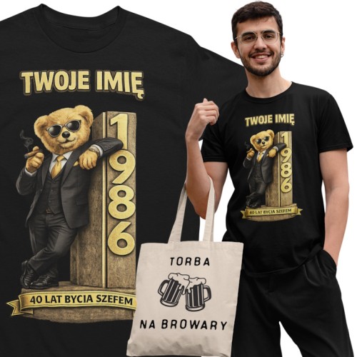 Męska Koszulka prezent na 40 Urodziny dla Szefa Personalizowana Twoje Imię torba gratis  1
