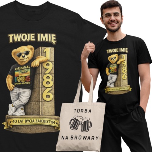 Męska Koszulka prezent na 40 Urodziny Personalizowana Twoje Imię torba gratis 1