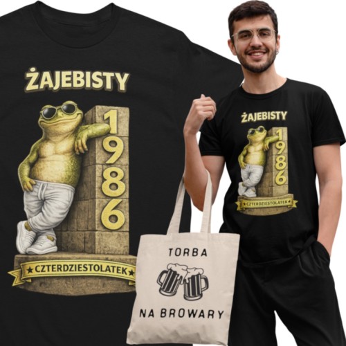 Męska Koszulka prezent na 40 Urodziny Żajebisty Czterdziestolatek torba gratis 1