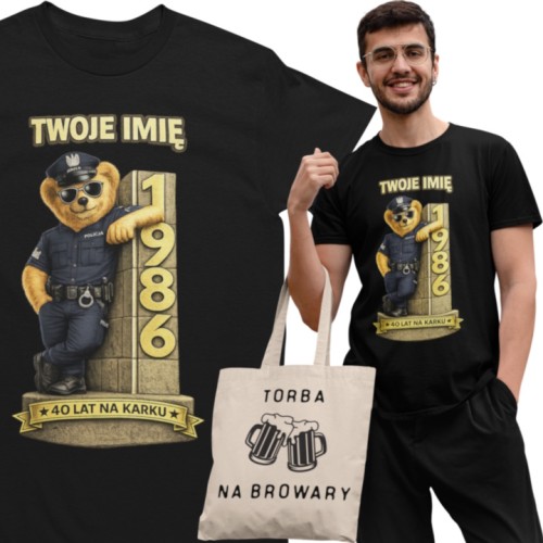 Męska Koszulka prezent na 40 Urodziny Dla Policjanta Personalizowana Twoje Imię torba gratis 1