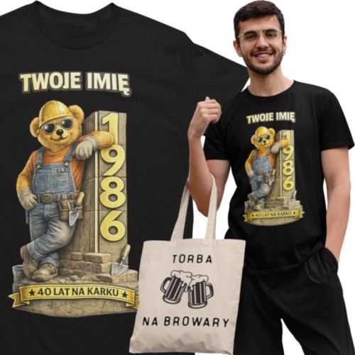 Męska Koszulka prezent na 40 Urodziny Dla Murarza Personalizowana Twoje Imię torba gratis 1