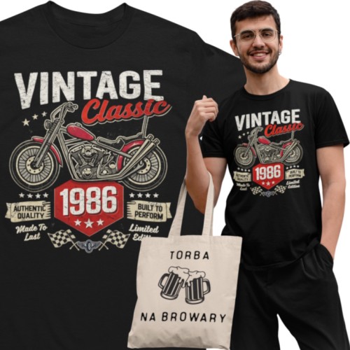 Koszulka męska 1986 Vintage Classic motocykl prezent na 40 urodziny torba gratis 1