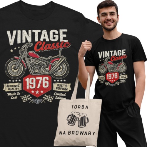 Koszulka męska 1976 Vintage Classic motocykl prezent na 50 urodziny torba gratis 1