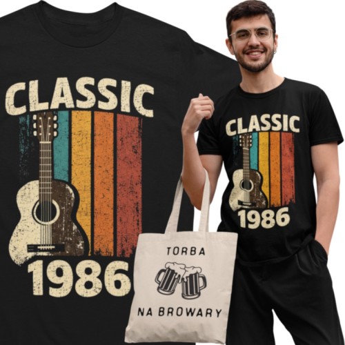 Koszulka męska Classic 1986 gitara prezent na 40 urodziny retro vintage torba gratis 1