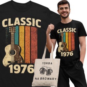 Koszulka męska Classic 1976 gitara prezent na 50 urodziny retro vintage torba gratis 