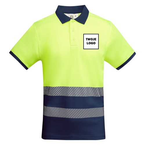 Koszulka Polo robocza odblaskowa HIGH VIS 170 g z nadrukiem DTF Żółty/Granatowy Fluorescencyjny