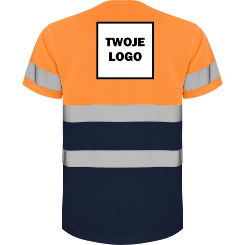Koszulka robocza odblaskowa 100% poliester 130 g HIGH VIS z nadrukiem DTF Pomarańczowy/Granatowy Fluorescencyjny 2
