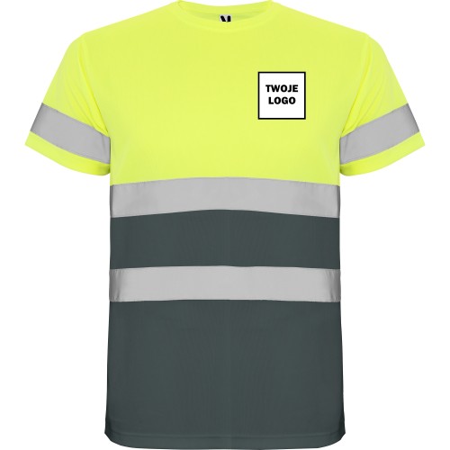 Koszulka robocza odblaskowa 100% poliester 130 g HIGH VIS z nadrukiem DTF Żółty/ Grafitowy Fluorescencyjny (1)
