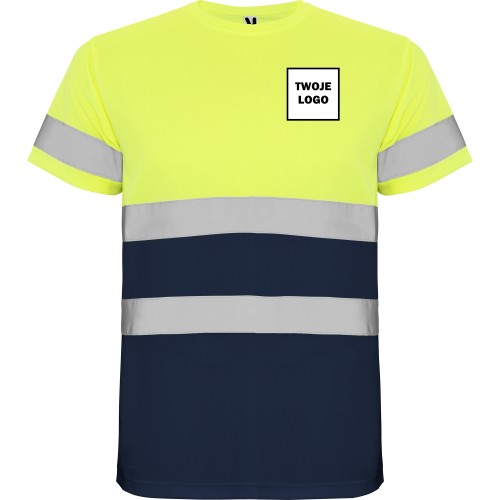 Koszulka robocza odblaskowa 100% poliester 130 g HIGH VIS z nadrukiem DTF Żółty/Granatowy Fluorescencyjny 