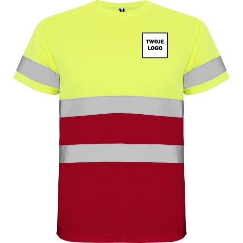 Koszulka robocza odblaskowa 100% poliester 130 g HIGH VIS z nadrukiem DTF Żółty/Czerwony Fluorescencyjny  (1)