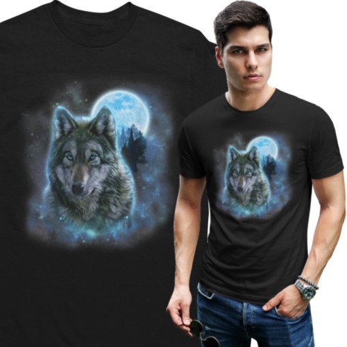 Koszulka męska wilk księżyc wolf czarna koszulka z wilkiem natura las