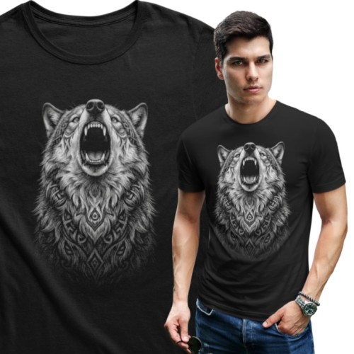 Koszulka męska wilk wolf czarna koszulka z wilkiem drapieżnik styl 1