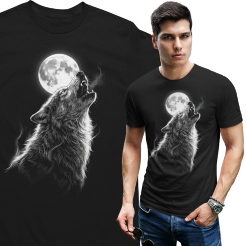 Koszulka męska wilk wyjący do księżyca wolf czarna koszulka wilk