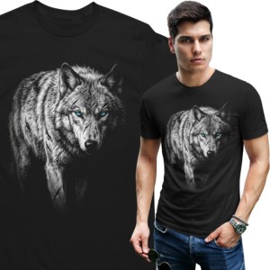 Koszulka męska wilk niebieskie oczy wolf czarna koszulka wilk natura