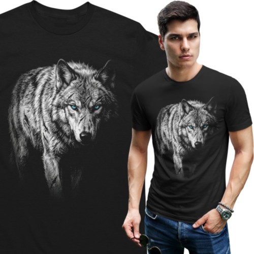 Koszulka męska wilk niebieskie oczy wolf czarna koszulka wilk natura 1