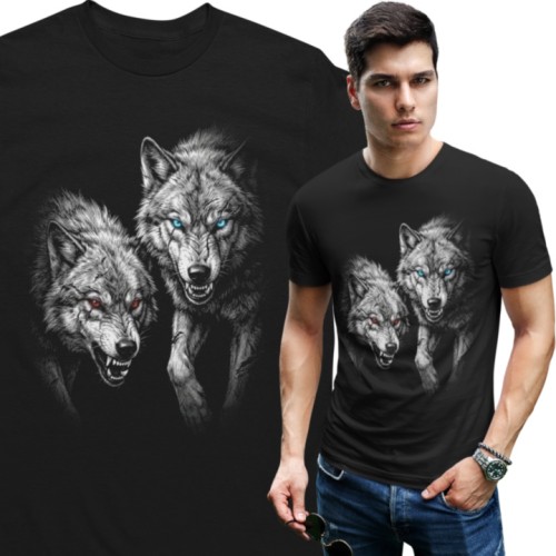Koszulka męska wilki wolf czarna koszulka wilk niebieskie czerwone oczy