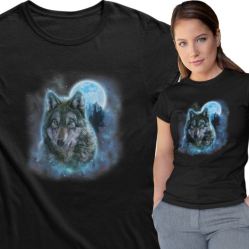 Koszulka damska wilk wilczyca wolf księżyc las czarna koszulka