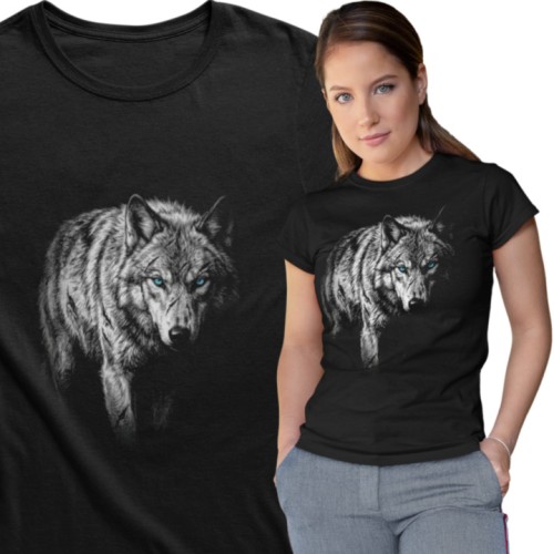 Koszulka damska wilk wilczyca wolf czarna koszulka z wilkiem niebieskie oczy 1