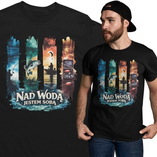 Męska koszulka wędkarska na ryby Nad Wodą jestem sobą prezent 1