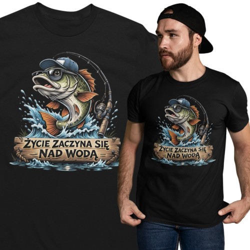 Męska koszulka wędkarska na ryby Życie zaczyna się nad wodą 1