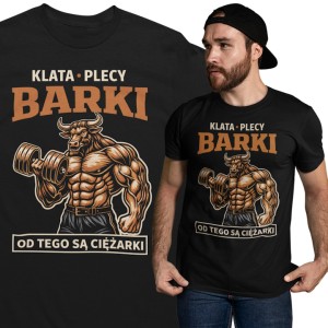 Koszulka męska na siłownię „Klata Plecy Barki” – śmieszna koszulka gym, prezent dla niego