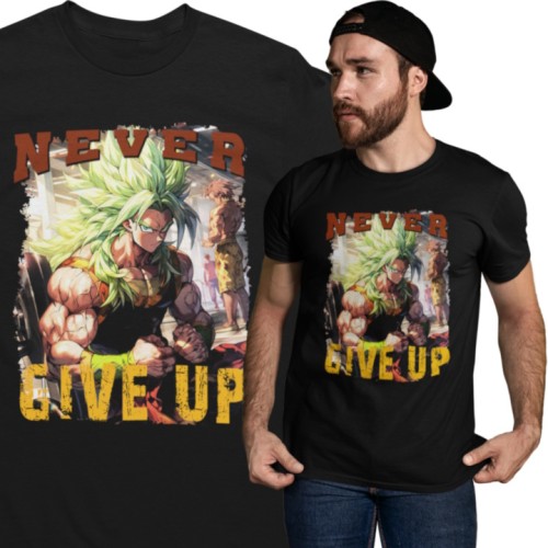 Koszulka męska Dragon Ball Z Broly „Never Give Up” – koszulka anime manga na siłownię gym