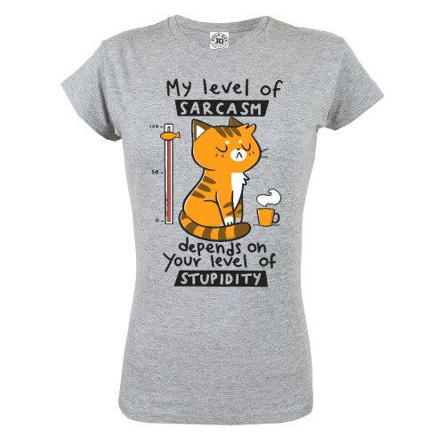 KOSZULKA DAMSKA Z KOTEM DLA MIŁOŚNICZKI KOTÓW KOCIARY MY LEVEL OF SARCASM DEPENDS ON YOUR LEVEL OF STUPIDITY 