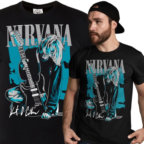 MĘSKA KOSZULKA MUZYCZNA NIRVANA KURT COBAIN Z GITARĄ VINTAGE