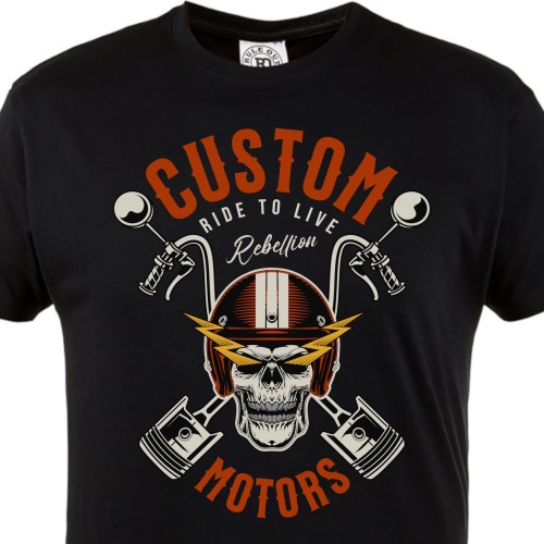Koszulka męska Custom Motors – czarny t-shirt motocyklowy skull, prezent dla motocyklisty