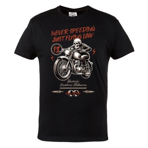 Koszulka męska Never Speeding Just Flying Low – czarny t-shirt motocyklowy skull rider, biker styl 2
