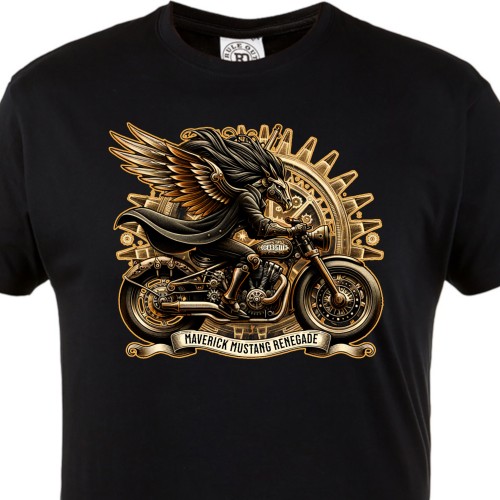 Koszulka męska Maverick Mustang Renegade – czarny t-shirt motocyklowy steampunk, skrzydlaty rider 1