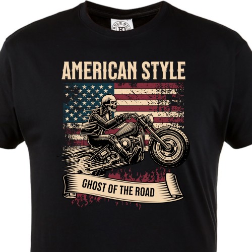 Koszulka męska American Style – czarny t-shirt motocyklowy skull, flaga USA, Ghost of the Road 1