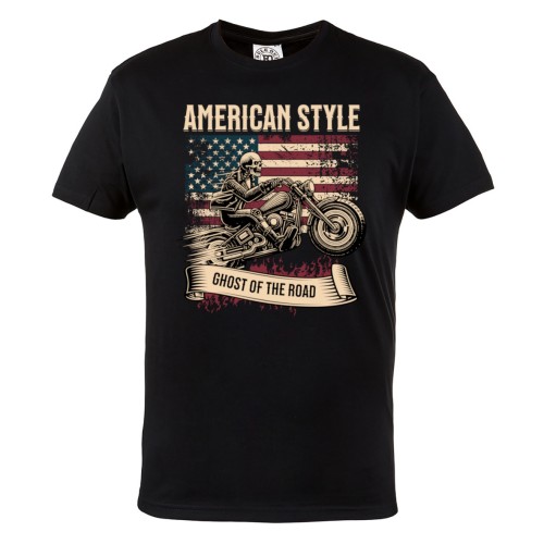 Koszulka męska American Style – czarny t-shirt motocyklowy skull, flaga USA, Ghost of the Road 2