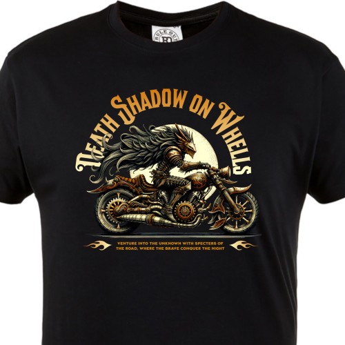 Koszulka męska Death Shadow on Wheels – czarny t-shirt motocyklowy, fantasy rider, biker styl