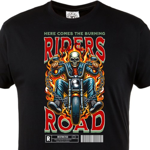 Koszulka męska Riders Road – czarny t-shirt motocyklowy, skull biker, ogień, streetwear moto 1