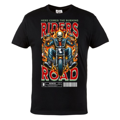 Koszulka męska Riders Road – czarny t-shirt motocyklowy, skull biker, ogień, streetwear moto 2